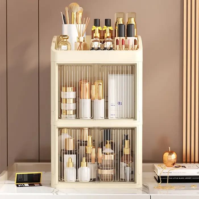 Organisateur de maquillage pliable à 3 à 4 niveaux avec fonction tiroir – Fournit un rangement spacieux pour cosmétiques