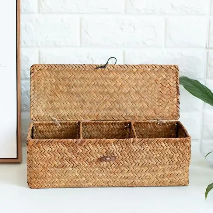 Panier de rangement en jonc de mer avec couvercle