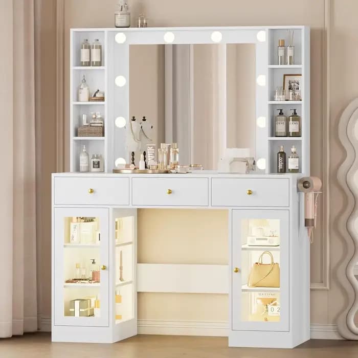 Vanité blanche avec plateau en verre, lumières LED et prise de courant, 3 tiroirs