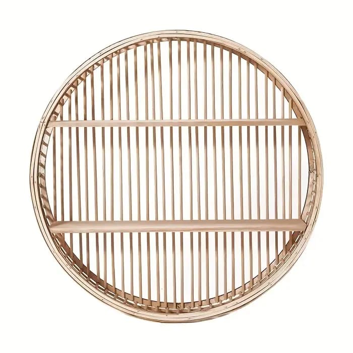 Étagère murale vintage en bambou – Organisateur de rangement mural circulaire avec plusieurs compartiments et crochets