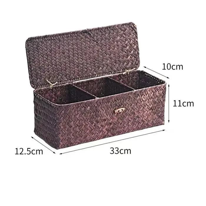 Panier de rangement en jonc de mer avec couvercle, petits paniers tissés rectangulaires à compartime