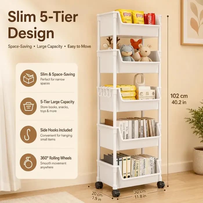 Chariot de rangement mobile multi-niveaux sur pied pour salon
