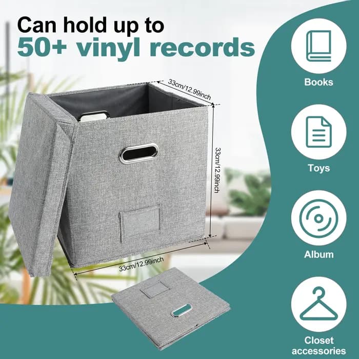 Boîte de rangement de disques vinyles, caisse d'album LP avec couvercle et poignée, boîte de rangeme