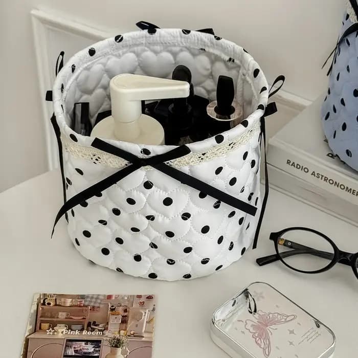 Nouvelle boîte de rangement de bureau YT à pois avec nœud