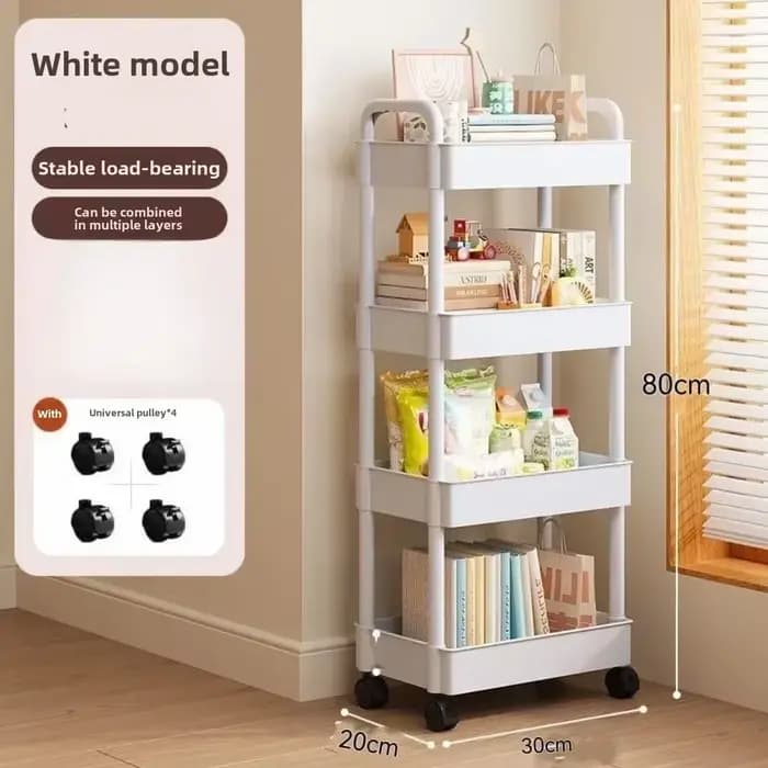 Chariot de rangement multifonctionnel blanc à roulettes : Étagères ouvertes pour espaces de vie, pré