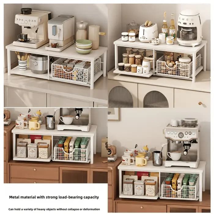 Étagère de rangement à double niveau pour plan de travail de cuisine ; Support en bois pour micro-ondes et machine à