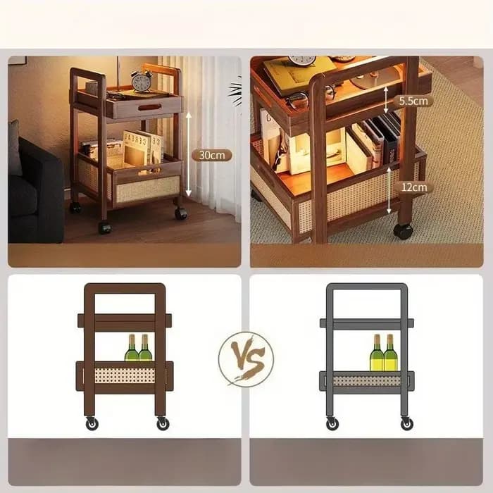 Chariot de rangement en rotin – Table d'appoint mobile avec paniers tissés