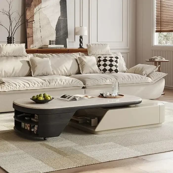 Table basse escamotable 130-170 cm avec rangement intégré