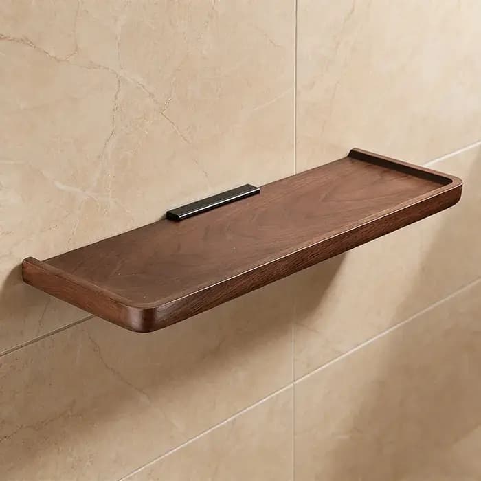 Étagère d'angle murale en bois de noyer noir pour salle de bain - Organisateur de rangement