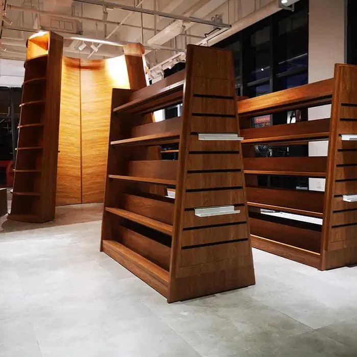 Bibliothèque de rangement pour librairie scolaire en noyer
