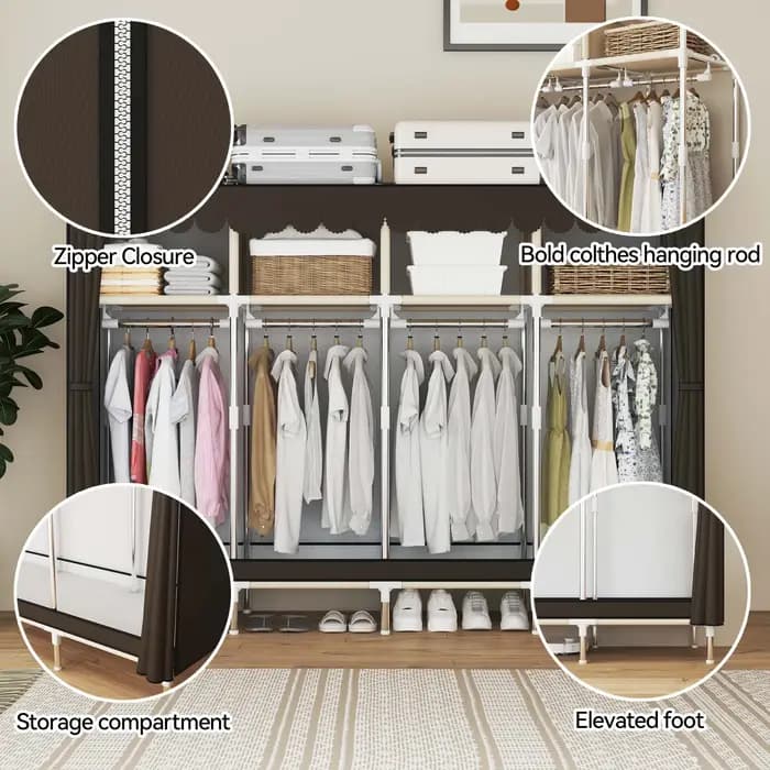 Placard de garde-robe portable autoportant avec 8 espaces de rangement pour familles