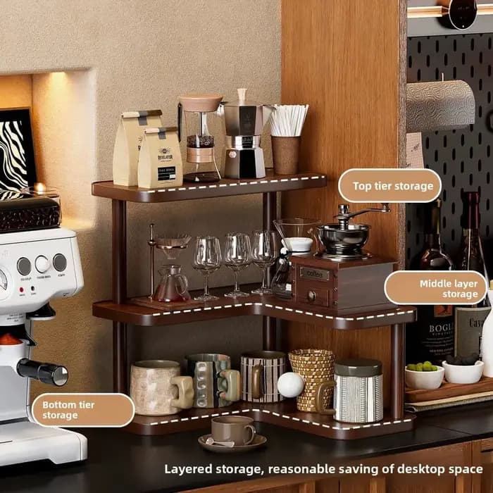 Étagère d'angle en L à 3 niveaux en bois, support de rangement de bureau en noyer, organisateur d'épices de cuisine pour station à café, comptoir et présentoir à tasses