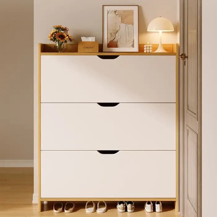 Meuble à chaussures stable en bois massif, grande capacité, rangement multi-niveaux intégré, pour la maison, petit et étroit, avec bac basculant.