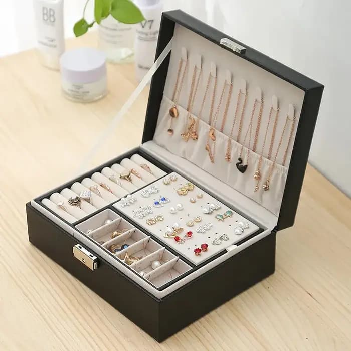 Boîte à bijoux Double couche, boîte à bagues, boîtes à bijoux avec serrures, organisateur de rangement de bijoux en cuir PU et étui de maquillage