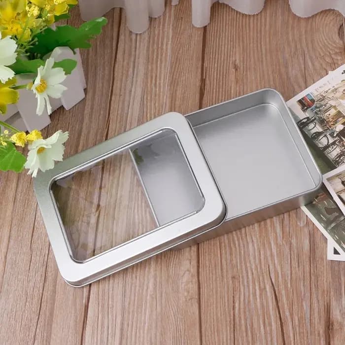 Boîte rangement en fer blanc avec fenêtre transparente