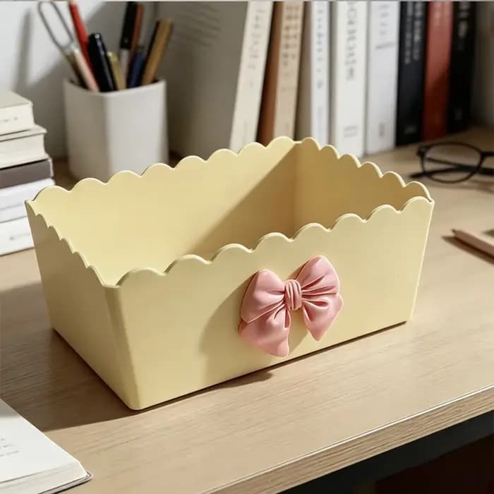 Boîte de rangement de bureau en plastique jaune avec nœud