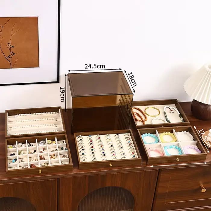 Boîte de rangement de bijoux en grain de noyer avec cinq tiroirs pour collier