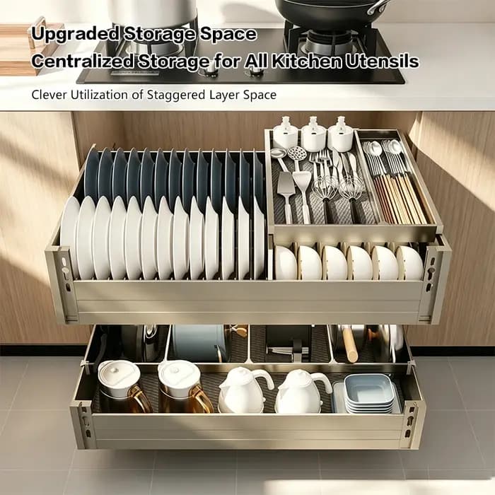 Étagère coulissante durable à 3 niveaux pour armoire de cuisine avec tiroir intégré pour casseroles