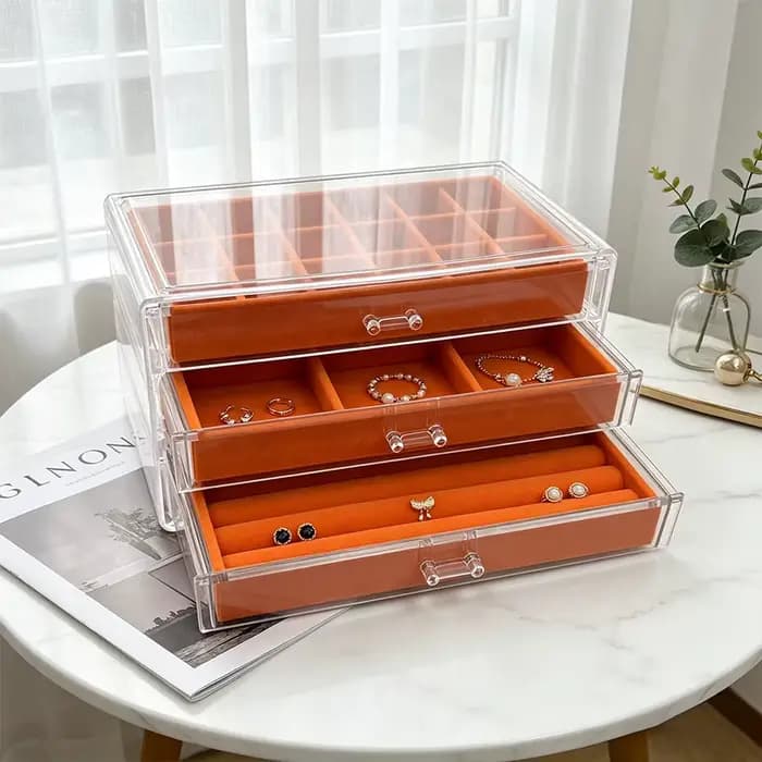 Boîte à bijoux orange à trois couches 18+6+ compartiments en éponge