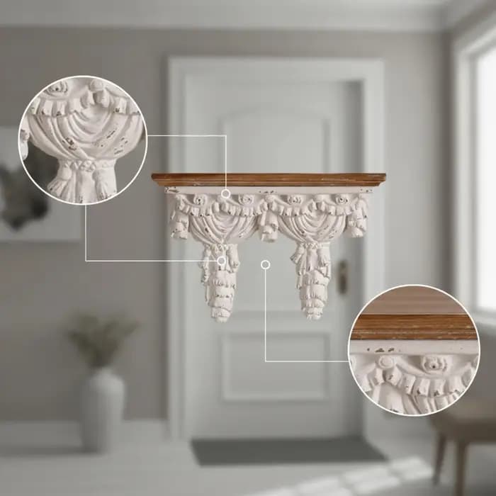 Étagère murale de style français avec support sculpté, ornée, pour salon