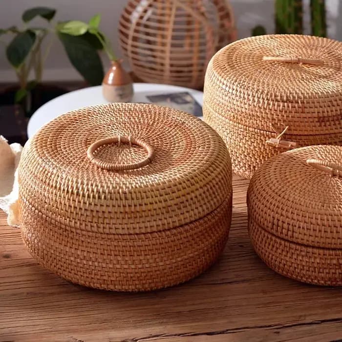 Boîte de rangement ronde en rotin et osier