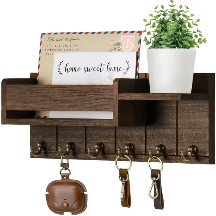 Décor d'entrée à la maison : étagère murale rustique en bois avec 6 crochets pour courrier et clés