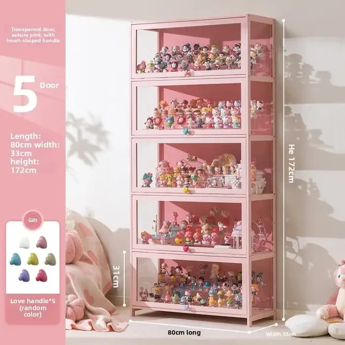 Vitrine de présentation multifonctionnelle en verre rose, anti-poussière, pour figurines et objets de collection