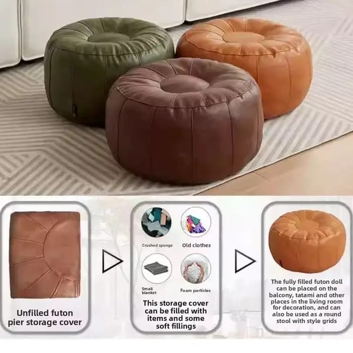 Pouf de rangement rond en similicuir non rembourré