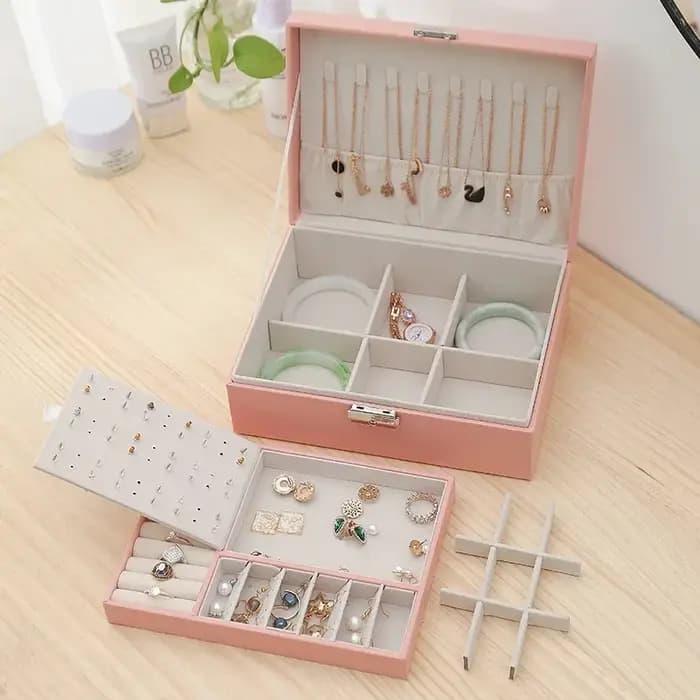 Boîte à bijoux Double couche, boîte à bagues, boîtes à bijoux avec serrures, organisateur de rangement de bijoux en cuir PU et étui de maquillage