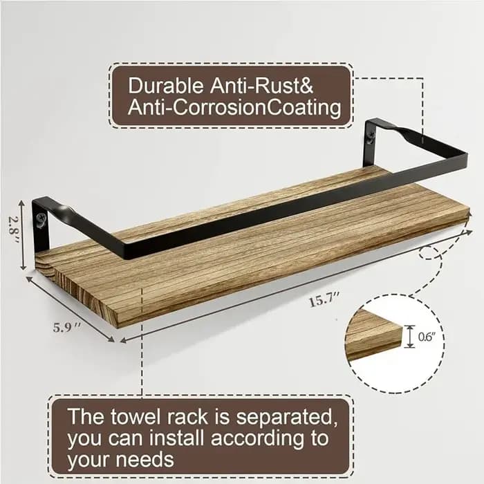 Accessoires de salle de bain et de cuisine : Étagère murale flottante en bois massif à fixer par perçage, pour rangement d'accessoires et matériel de rangement.