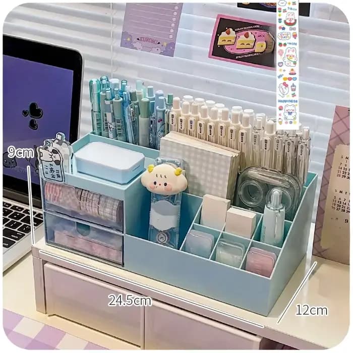 Boîte de rangement de bureau Kawaii avec neuf grilles, joli support de bureau pour étudiant, évaluat