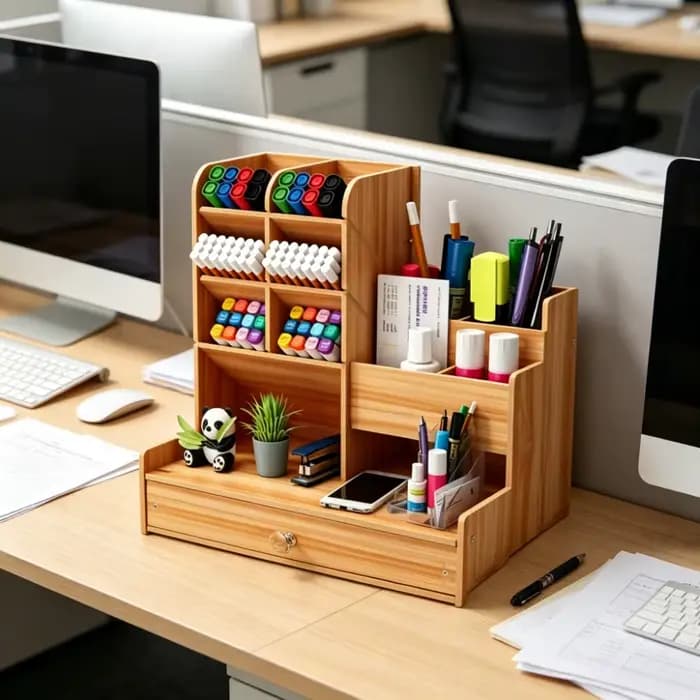Organisateur de bureau en bois tendance avec tiroir, support à crayons multi-compartiments, style nordique, fournitures scolaires et étagère de bureau