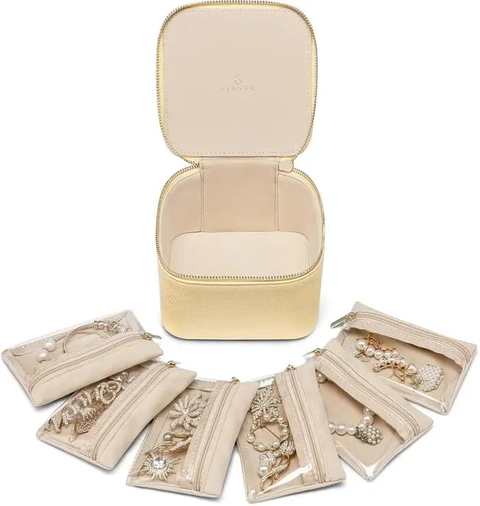 Boîte à bijoux de voyage en cuir véritable pour femme