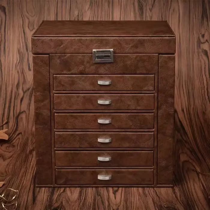 Grande boîte à bijoux en cuir avec miroir