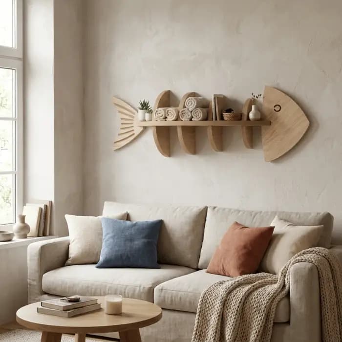 Étagère murale vintage en bois en forme de poisson