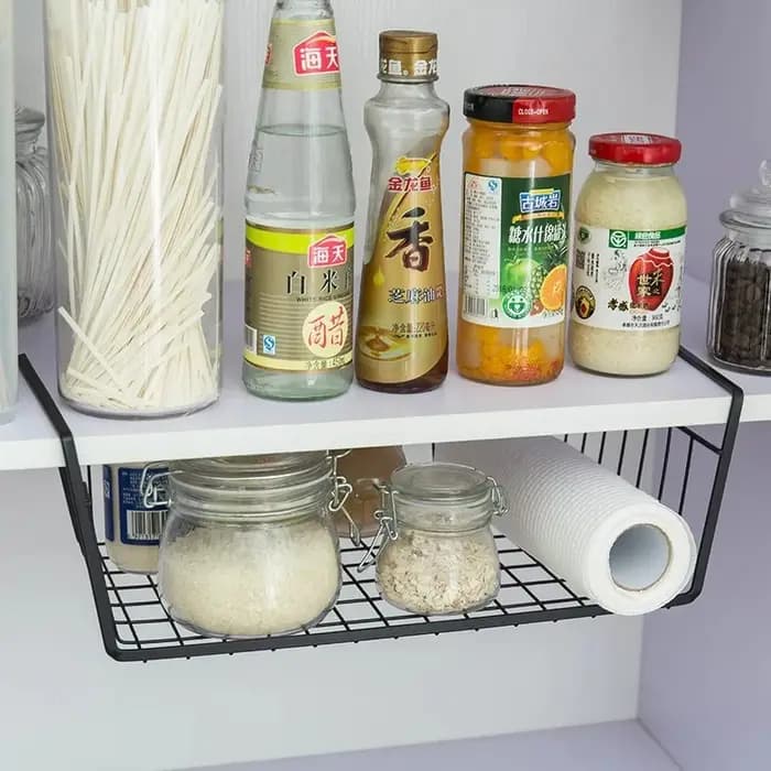 Étagère suspendue en fer sans perçage pour armoire de cuisine et séparateur de rangement sous table
