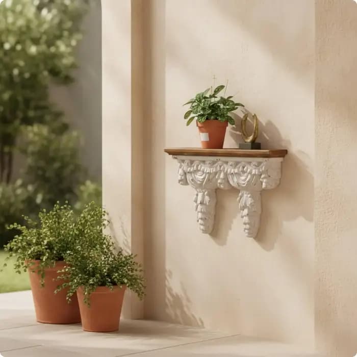 Étagère murale de style français avec support sculpté, ornée, pour salon