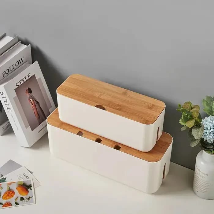 Boîte de gestion de câbles avec couvercle en bambou