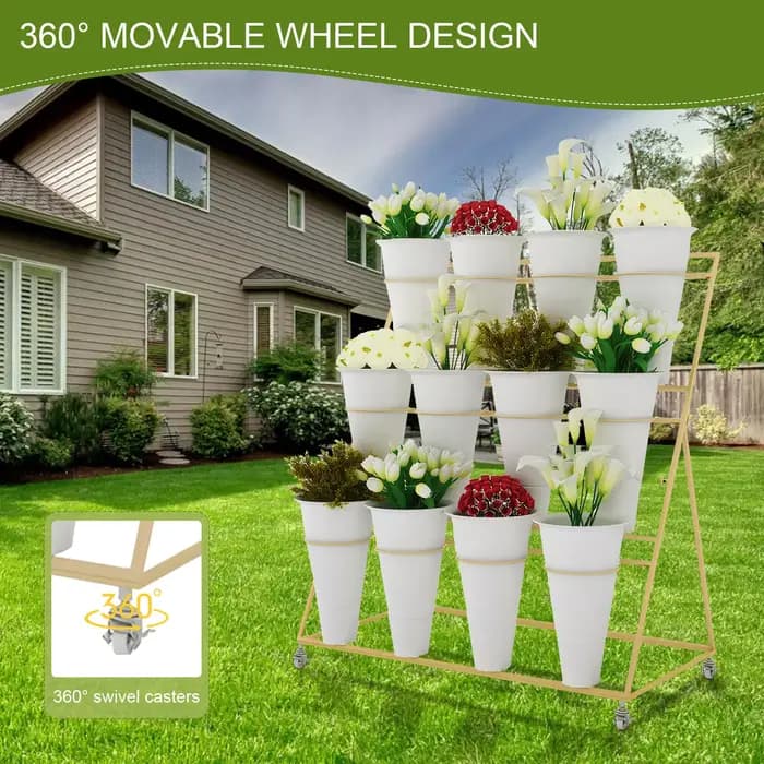 Étagère à fleurs en métal à 3 niveaux avec roulettes ou 12 pots