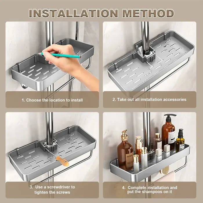 FLYY-étagère de douche en aluminium avec porte-serviettes, organisateur de salle de bain sans perceuse, support de rangement pour shampoing et Gel douche