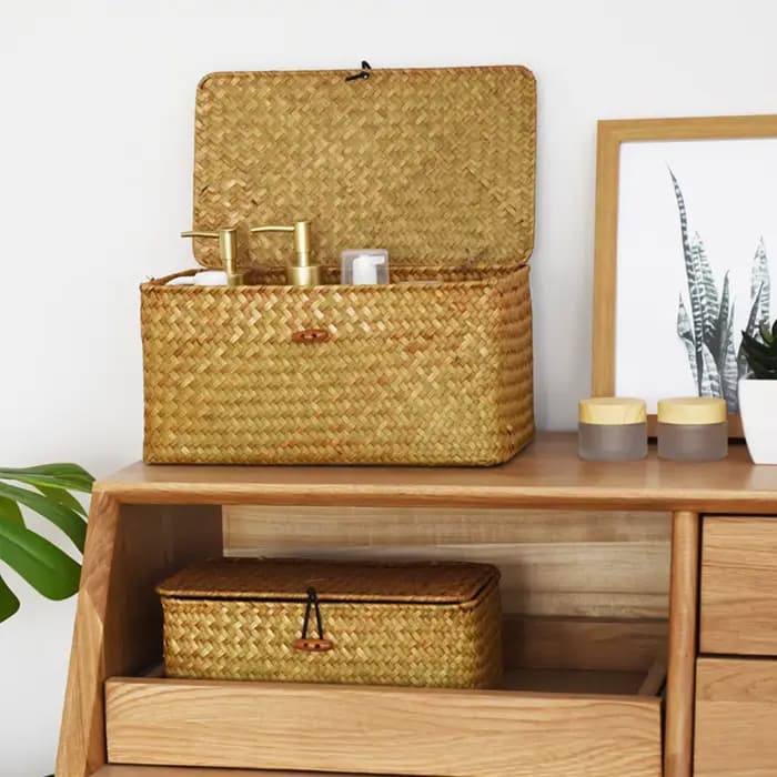 Mir de Rangement en Rotin Tissé avec Couvercle