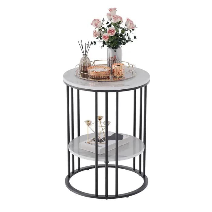 Table d'appoint ronde en pierre frittée à 2 niveaux, côté canapé blanc, petite table basse avec cadr