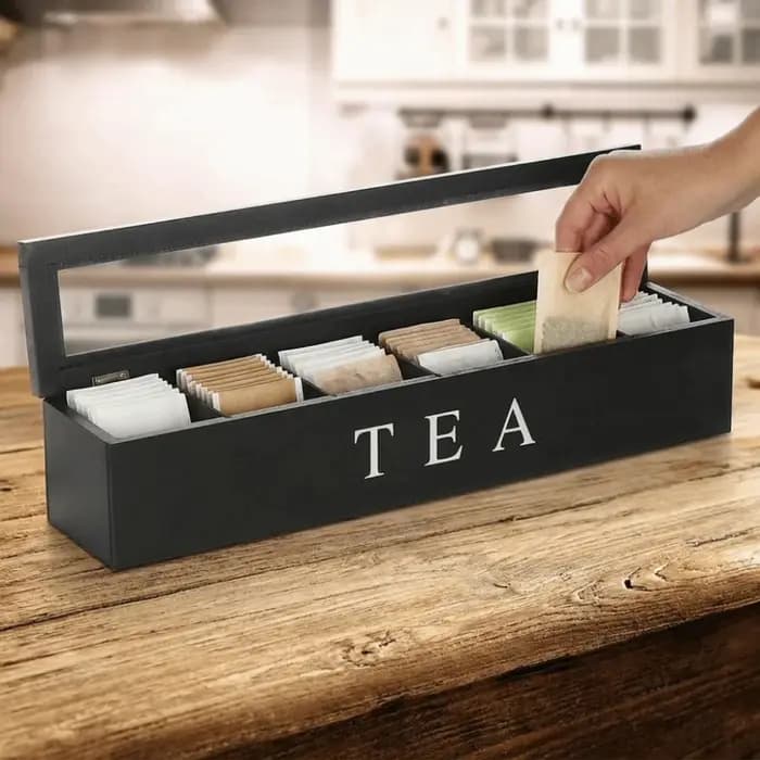 Boîte de rangement en bois pour sachets de thé avec fenêtre transparente