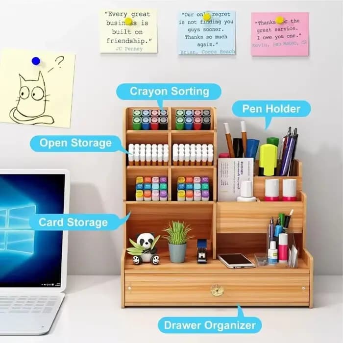 Organisateur de bureau en bois tendance avec tiroir, support à crayons multi-compartiments, style nordique, fournitures scolaires et étagère de bureau