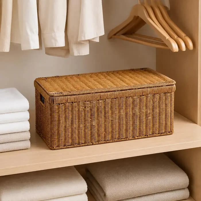 Boîte de rangement en rotin à parois rigides avec couvercle