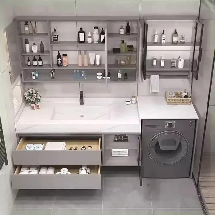 Meuble de rangement de luxe pour salle de bain : insert de tiroir, étagère, miroirs muraux, support