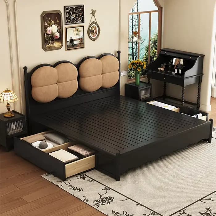 Lit en bois massif 150x200cm pour 2 personnes, avec tête de lit design, style nordique, avec rangement, lit double Queen Size, mobilier de chambre à coucher pour mariage