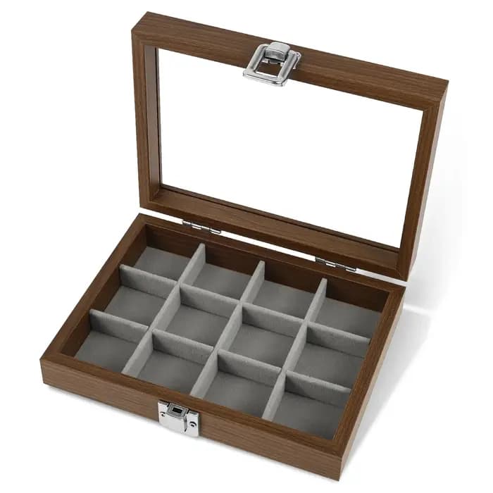 Boîte carrée transparente en bois à 12 compartiments pour collection de roches, pierres naturelles,