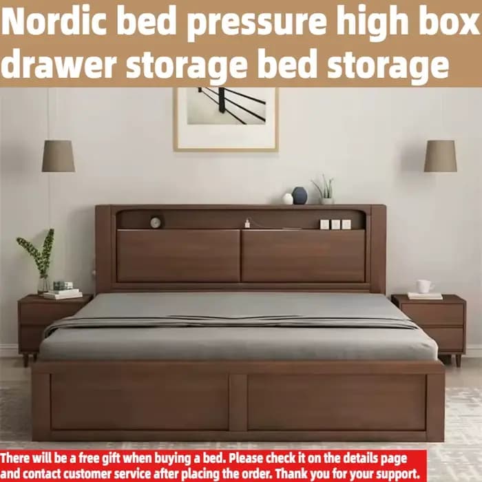 Lit double moderne nordique en bois massif avec rangement