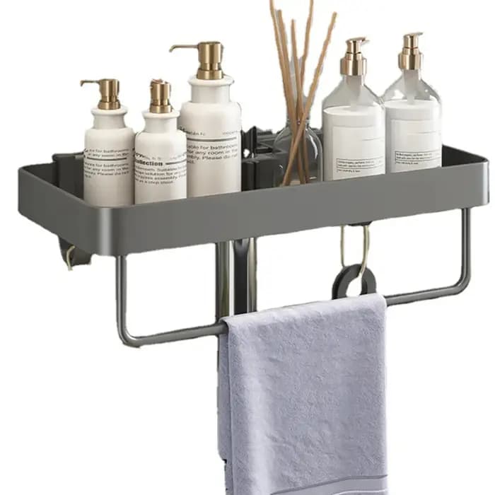 FLYY-étagère de douche en aluminium avec porte-serviettes, organisateur de salle de bain sans perceu